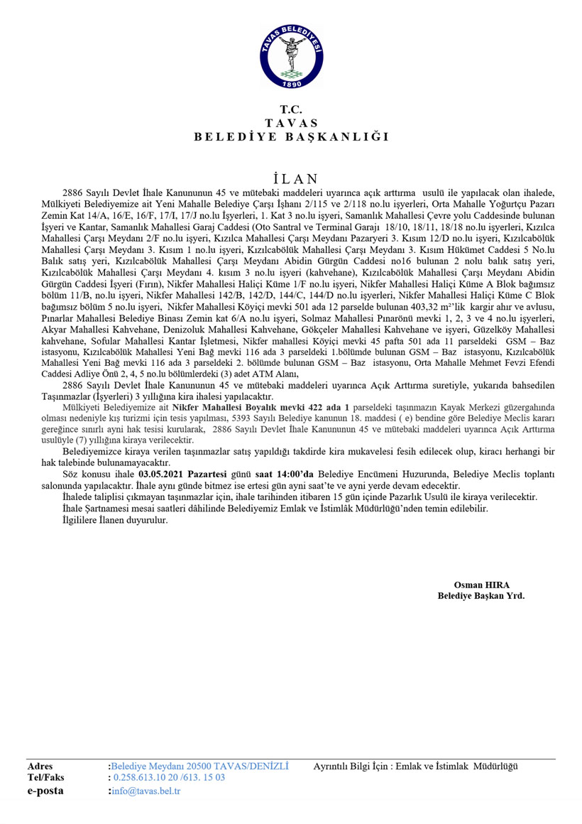 03.05.2021 TARİHLİ İŞYERİ KİRA İHALESİ