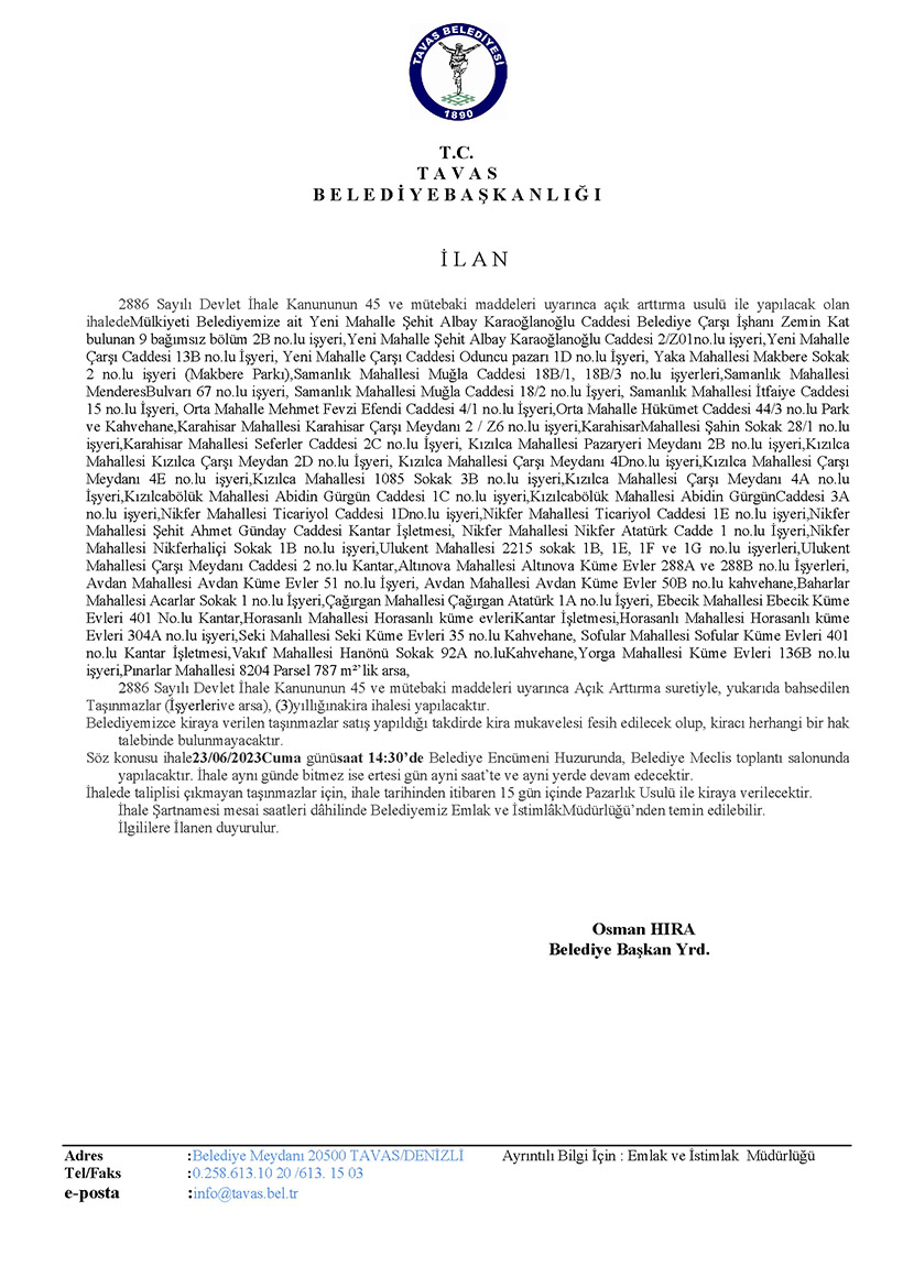 23.06.2023 TARİHLİ İŞYERİ VE ARSA KİRA İHALESİ