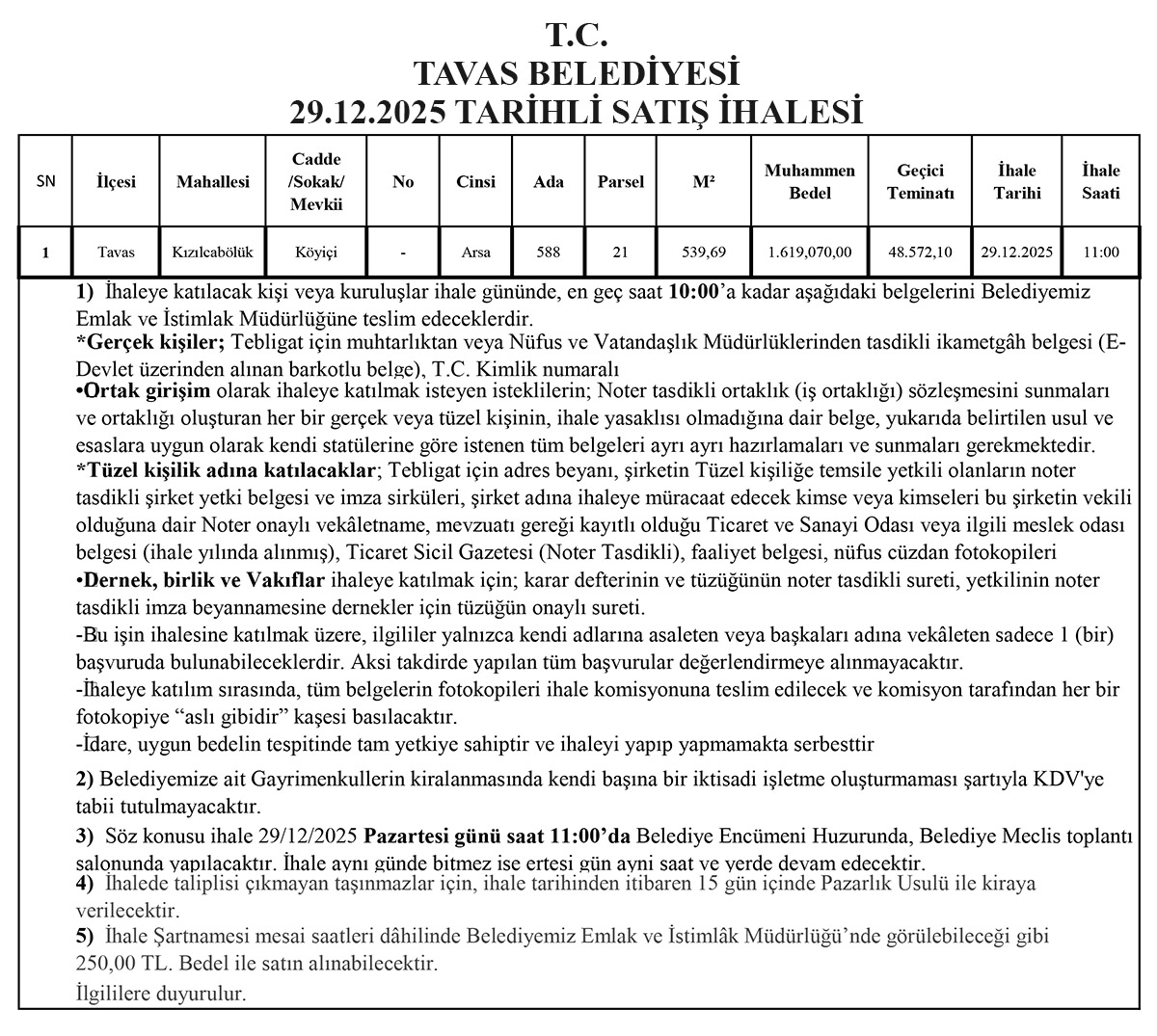 29.12.2025 TARİHLİ ARSA SATIŞ İHALESİ