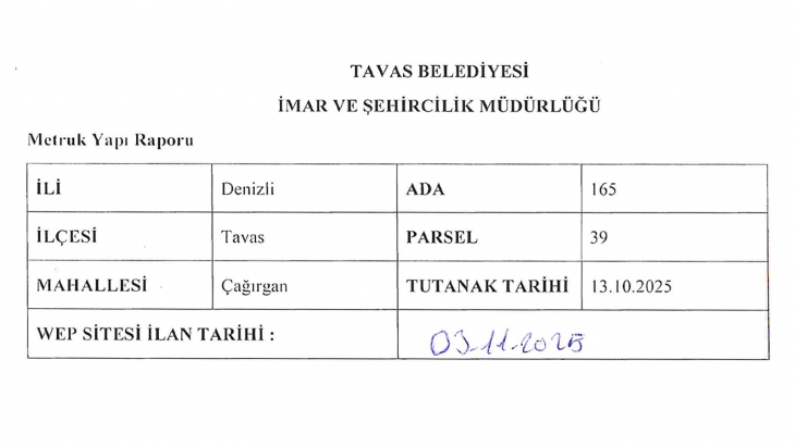 ÇAĞIRGAN MAHALLESİ 165 ADA 39 PARSEL METRUK YAPI RAPORU