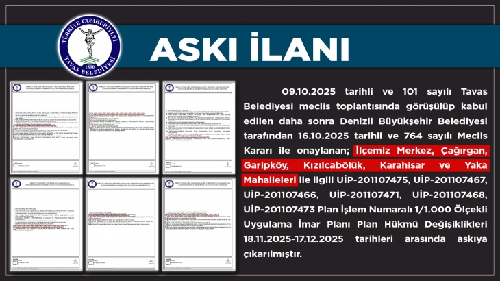 İLÇEMİZ MERKEZ, ÇAĞIRGAN, GARİPKÖY, KIZILCABÖLÜK, KARAHİSAR VE YAKA MAHALLELERİ  İLE İLGİLİ UYGULAMA İMAR PLANI  PLAN HÜKMÜ DEĞİŞİKLİKLERİ ASKI İLANI