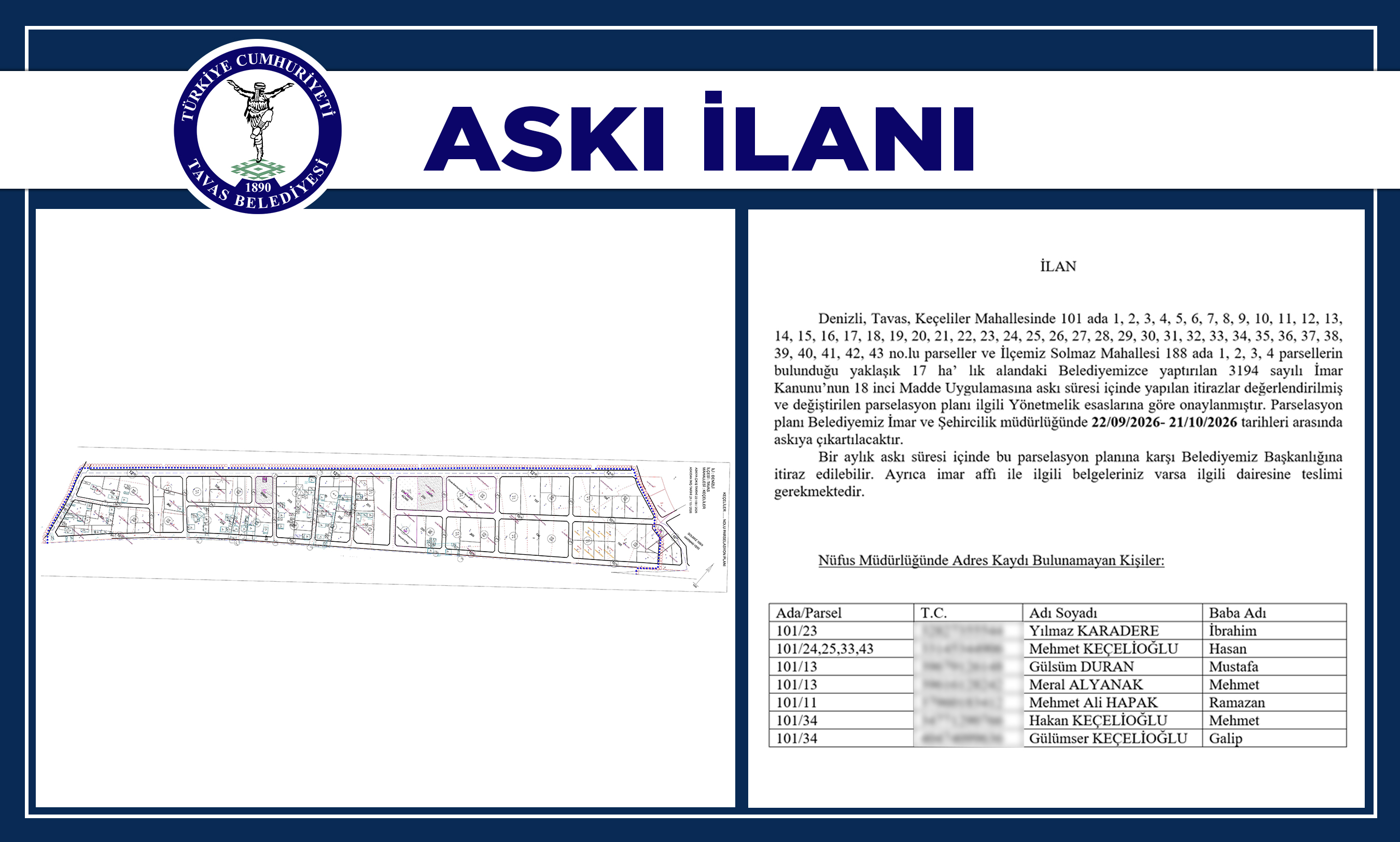 Keçeliler Mahallesi 101 Ada ve Solmaz Mahallesi 188 Ada Parselasyon Planı Askı İlanı
